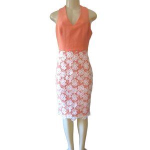 Belle Badgley Mischka Orange w Floral White Lace and Open Back Dress, SZ 4